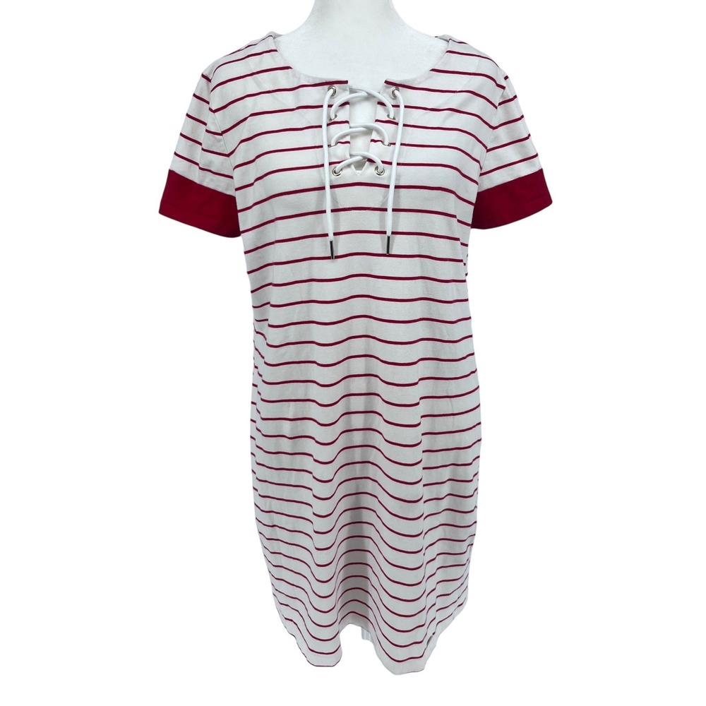 Tommy Hilfiger Preppy Nautical Red‎ White Striped Lace Up T-Shirt Dress